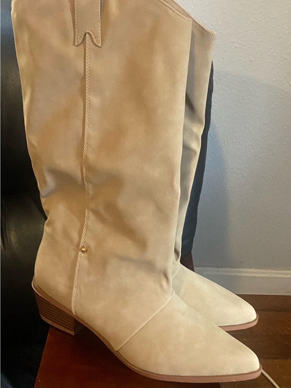 Women's Beige Knee-High Pointed-Toe Boots